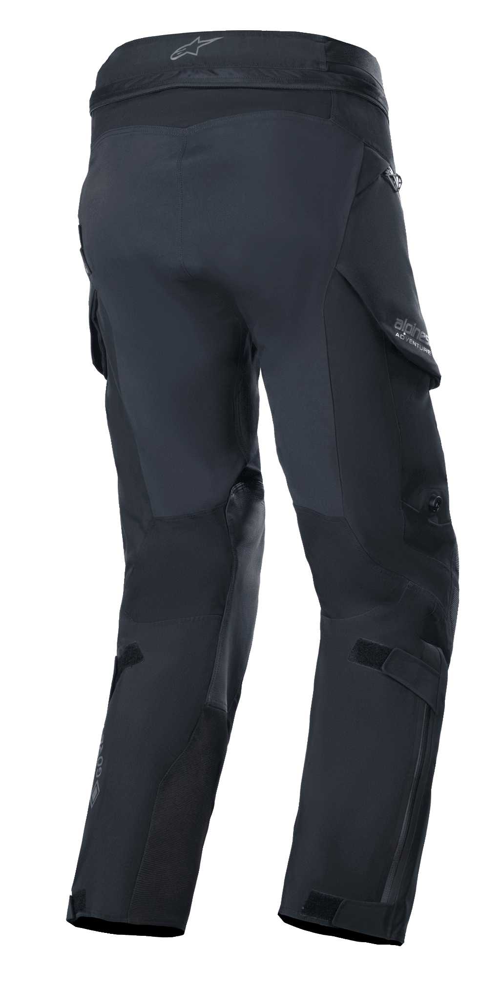 Pantaloni Alpinestars Boulder 3L GORE-TEX, pantaloni da moto adventure, nero, vista posteriore con seduta rinforzata e pannelli sull'interno gamba, tasche cargo impermeabili, logo GORE-TEX sulla parte inferiore della gamba e costruzione laminata resistente.