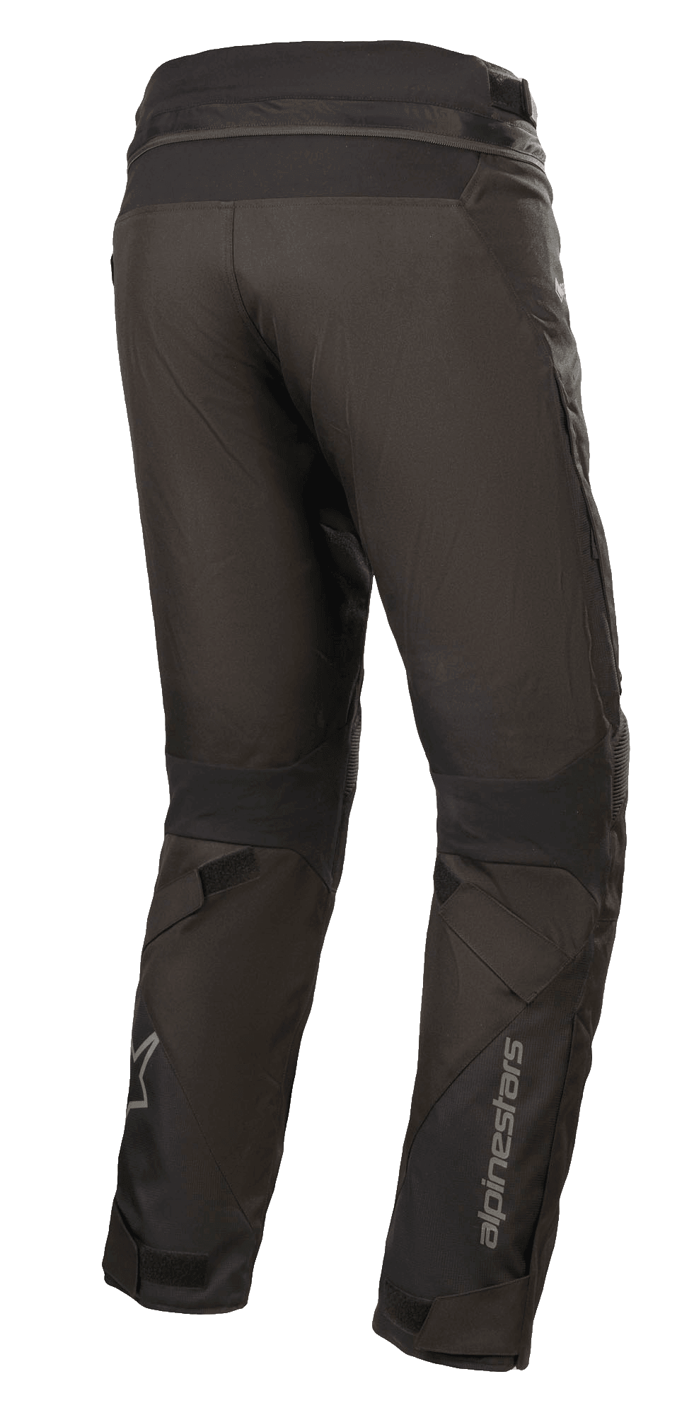 Pantaloni Alpinestars Road Pro GORE-TEX, pantaloni da moto neri, vista posteriore che mostra la vestibilità touring affusolata, costruzione in tessuto tecnico, marchio Alpinestars sulla parte inferiore della gamba, pannelli elasticizzati a fisarmonica e cinghie regolabili per adventure touring.