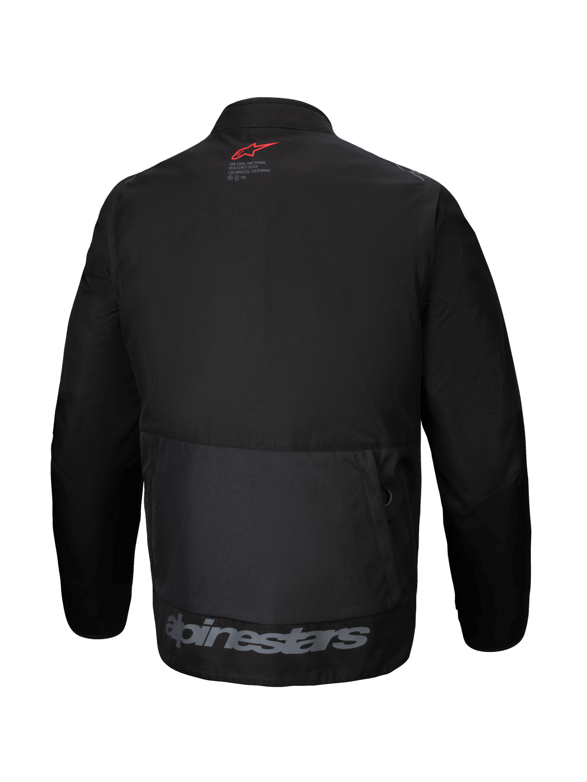Alpinestars Pro-Dura Jacket, vista posteriore, giacca da enduro in tessuto nero, ampia tasca cargo posteriore, logo a stella rosso sul collo, marchio Alpinestars grigio sull'orlo inferiore, design robusto da fuoristrada