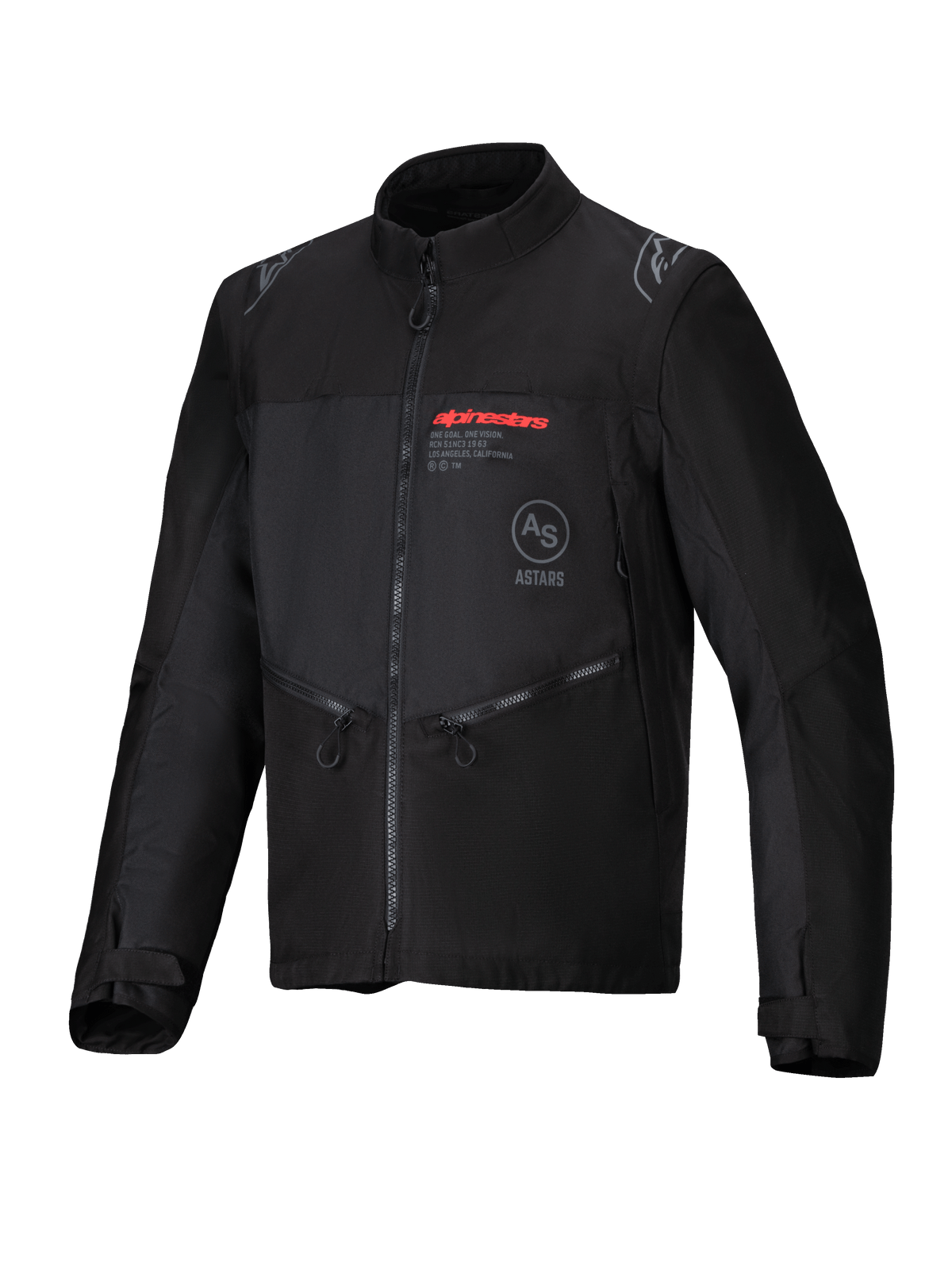 Giacca Alpinestars Pro-Dura, nero, giacca da moto fuoristrada in tessuto ripstop resistente, logo Alpinestars rosso sul petto, tasche con zip oblique e dettagli del logo a stella sulle spalle