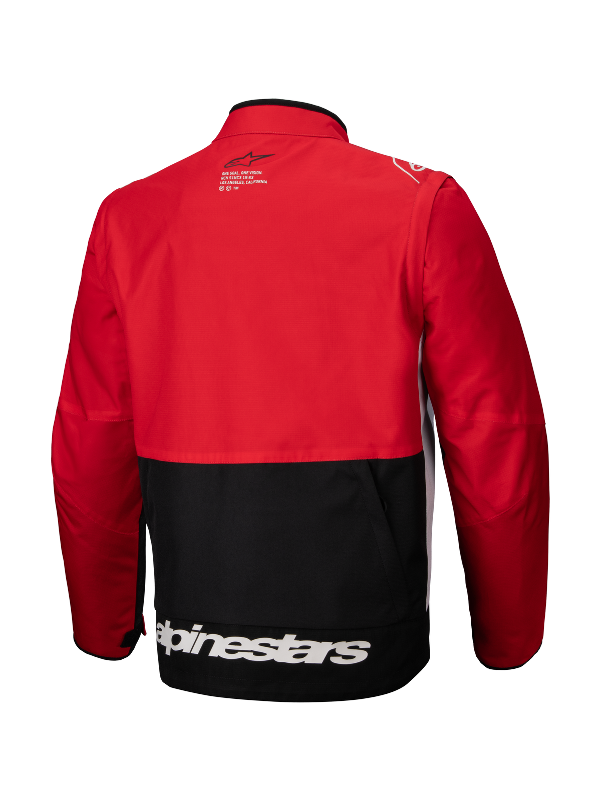 Giacca Alpinestars Pro-Dura, giacca da enduro off-road, nero rosso brillante bianco, vista posteriore, caratterizzata da parte superiore e maniche rosse con pannello inferiore nero, logo Alpinestars bianco sull'orlo inferiore e robusta costruzione in tessuto ripstop per la guida aggressiva sui sentieri.