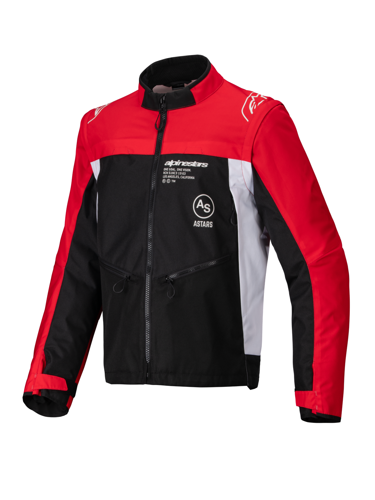 Giacca Alpinestars Pro-Dura, giacca da moto off-road, nero, rosso vivace e bianco, caratterizzata da collo alto, cerniera anteriore e struttura in tessuto ripstop con maniche rosse, inserti laterali bianchi e logo Alpinestars sul petto.
