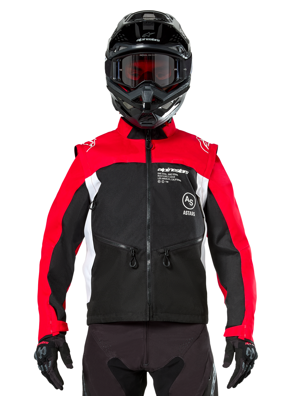 Giacca Alpinestars Pro-Dura, giacca da moto fuoristrada, nero, rosso acceso e bianco, indossata da un pilota con casco da motocross nero e maschera, caratterizzata da una resistente costruzione in ripstop e pannelli laterali bianchi, progettata per l'enduro e il trail riding