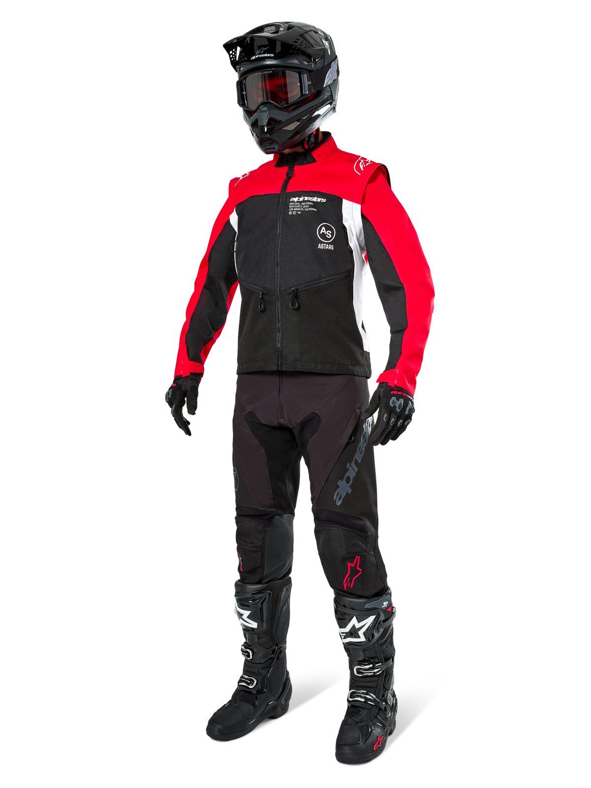 Giacca Alpinestars Pro-Dura, giacca da moto fuoristrada, nero, rosso acceso e bianco, indossata con abbigliamento completo da gara, inclusi casco nero con occhiali rossi, pantaloni neri e stivali bianchi e neri, completo in tessuto resistente per enduro e trail riding
