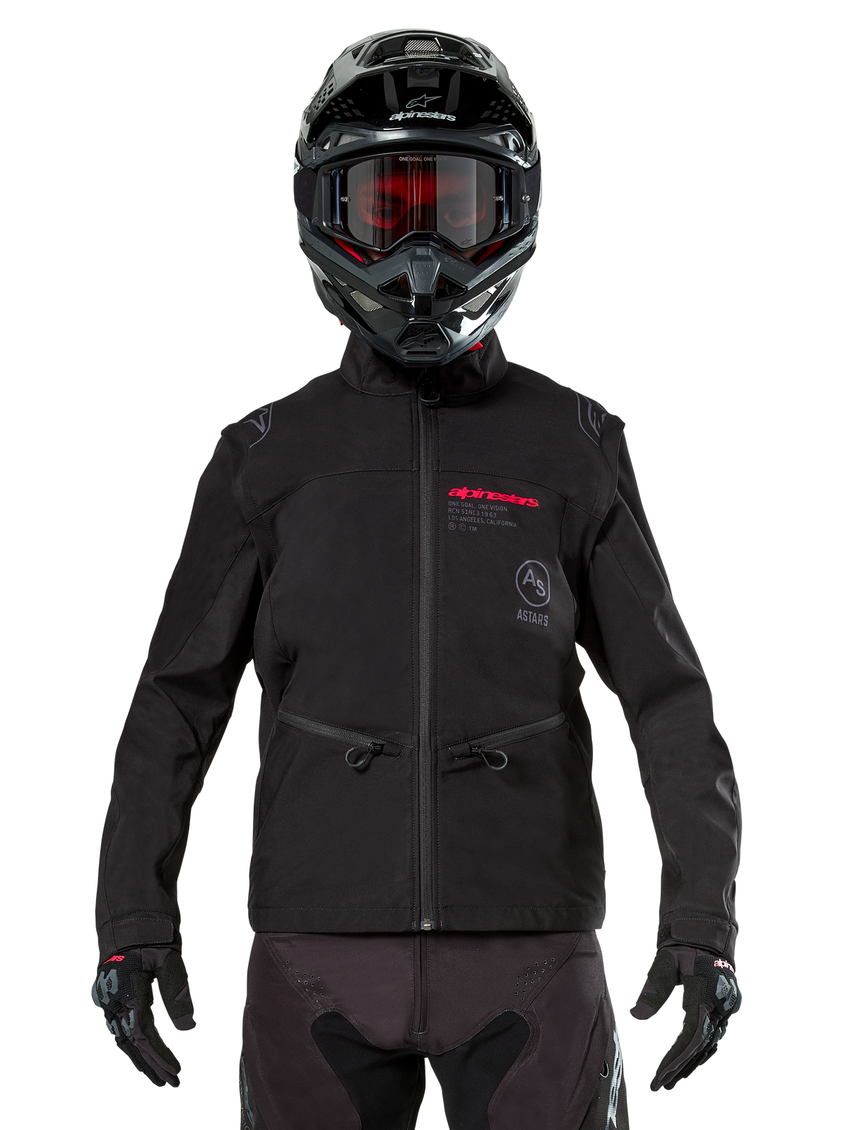 Pilota di motocross che indossa la Giacca Softshell Alpinestars Lite-Dura in nero, con dettagli del logo rossi e grigi sul petto, casco nero con occhiali dalle lenti rosse, guanti e pantaloni neri, vista frontale di abbigliamento tecnico da fuoristrada