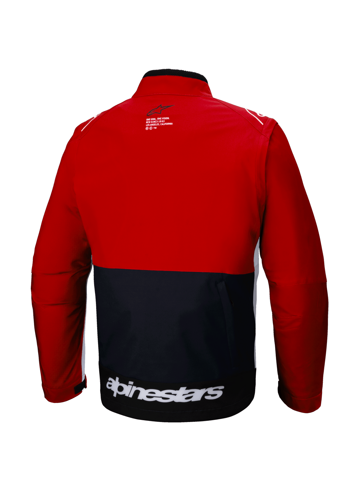 Giacca Softshell Alpinestars Lite-Dura, vista posteriore, giacca da enduro off-road, nero e rosso vivace con accenti bianchi, vistosa scritta Alpinestars bianca sulla parte inferiore della schiena, design color-block, tasca posteriore funzionale, softshell modulare per motocross e trail riding.