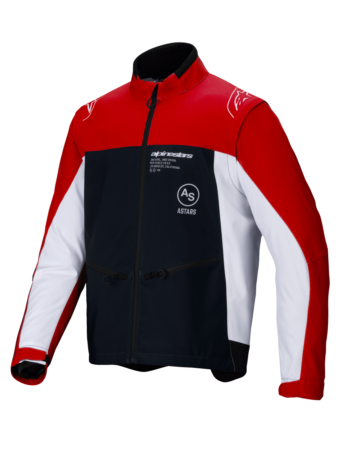 Alpinestars Lite-Dura Softshell Jacket, giacca da moto enduro fuoristrada, nero, rosso vivace e bianco, design color-block con spalle e maniche rosse, pannelli laterali bianchi, petto nero con logo Alpinestars, tasche con zip e design a collo alto