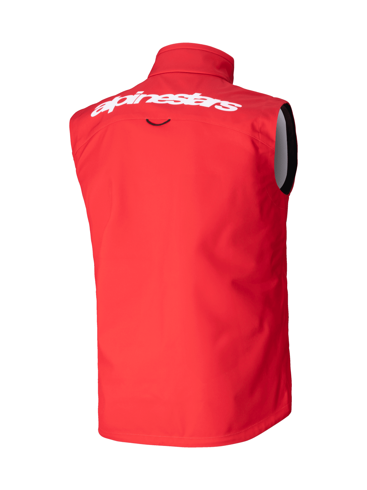 Alpinestars Techstar Softshell Vest, gilet da motocross, rosso acceso, vista posteriore con marchio Alpinestars bianco sulla parte superiore della schiena, materiale softshell elasticizzato antivento, design ergonomico senza maniche per la guida fuoristrada