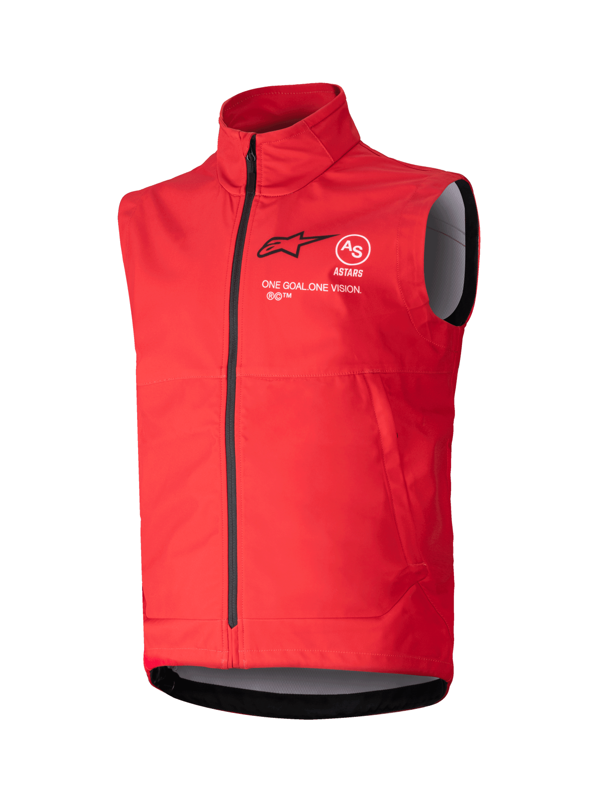 Alpinestars Techstar Softshell Vest, gilet antivento senza maniche rosso acceso, colletto alto con zip frontale nera, branding ASTARS bianco e nero con motto 'ONE GOAL ONE VISION' sul petto, fodera interna grigia, design sportivo per motocross