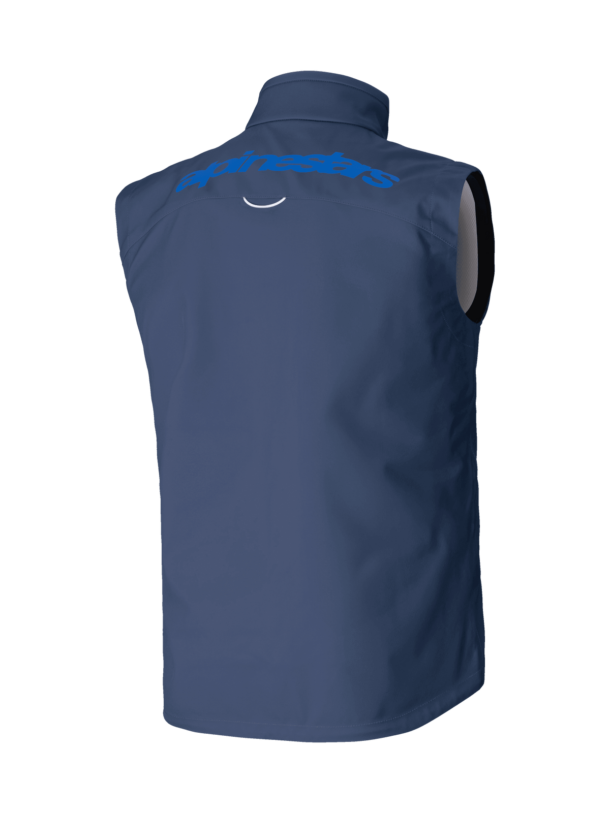 Gilet Alpinestars Techstar Softshell, blu navy, vista posteriore con scritta Alpinestars azzurra sulle spalle, costruzione softshell elasticizzata e antivento per motocross e guida off-road