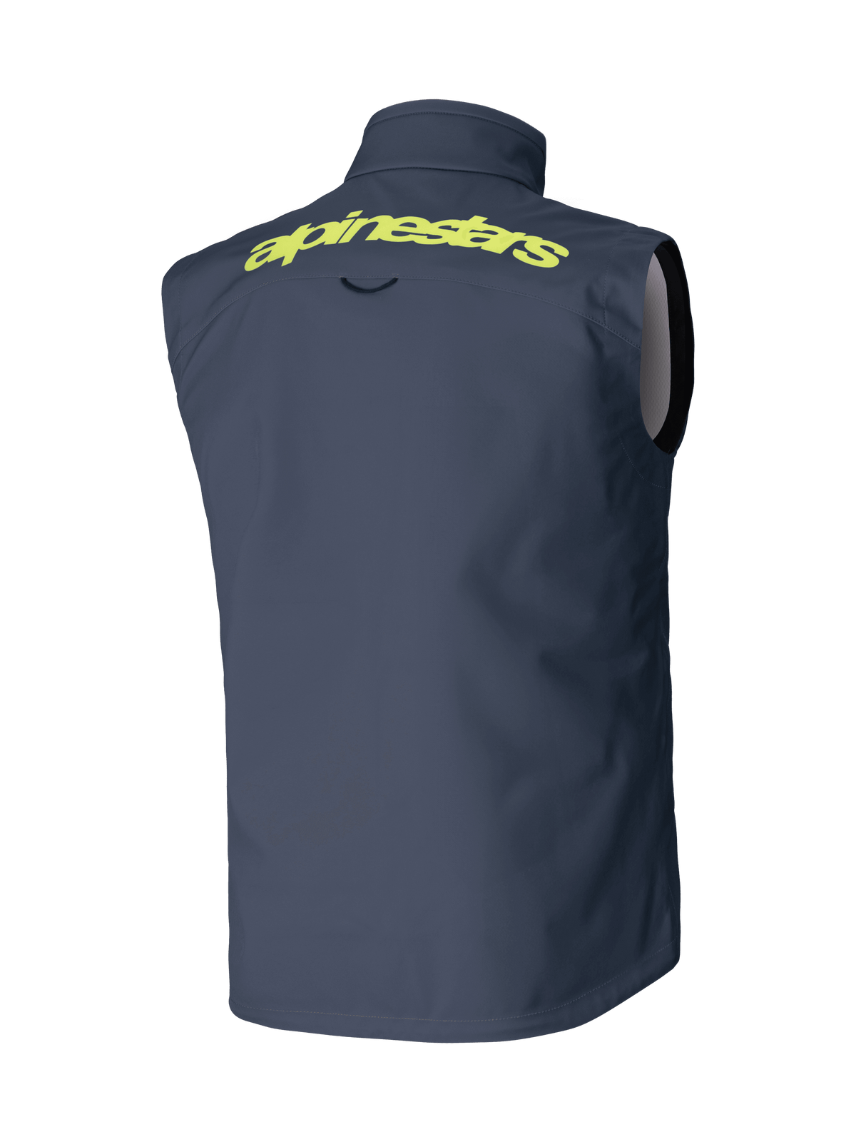 Gilet Alpinestars Techstar Softshell, grigio scuro, vista posteriore, con scritta Alpinestars gialla sulle spalle, design smanicato antivento, abbigliamento tecnico per motocross e fuoristrada