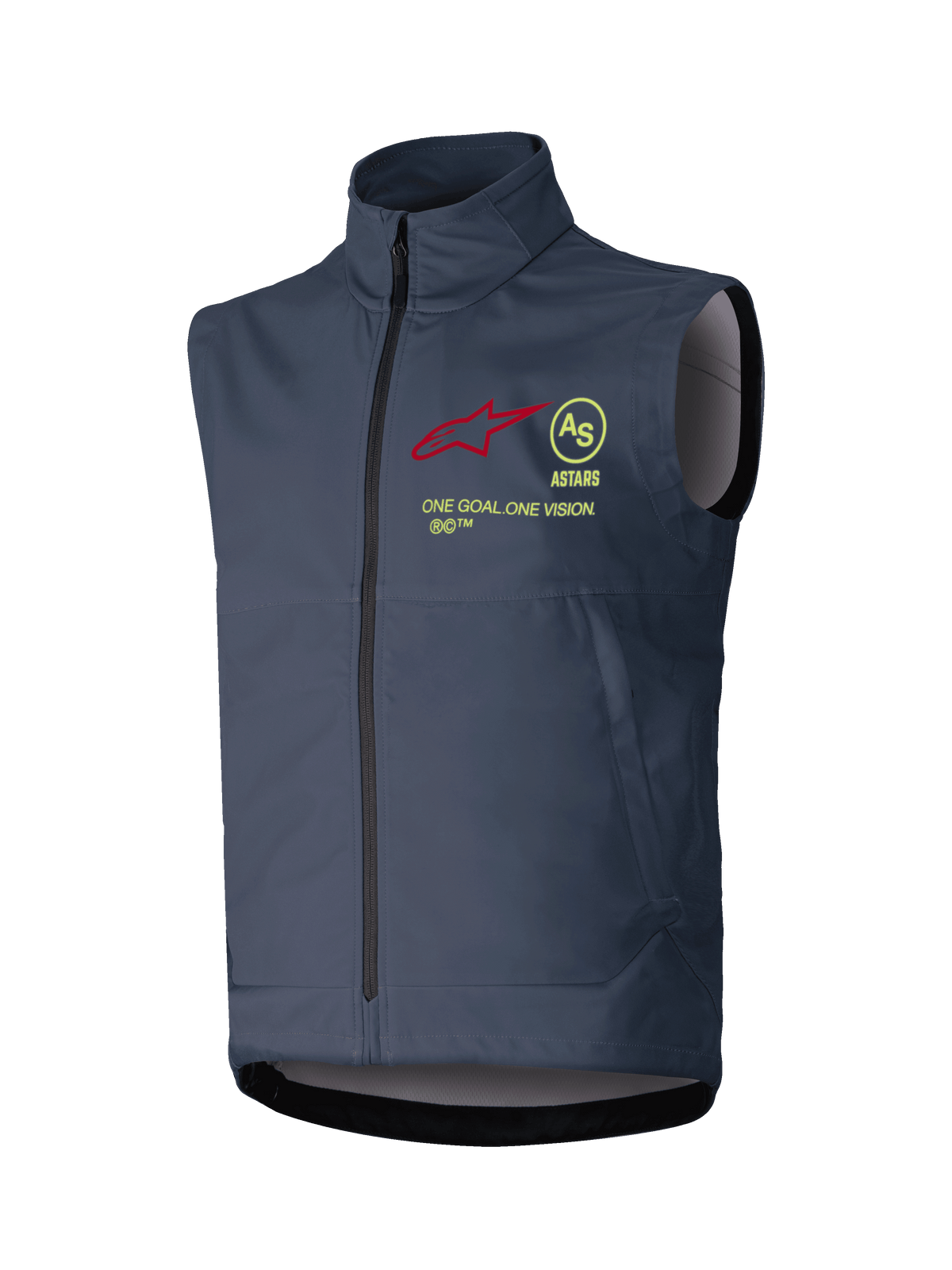 Alpinestars Techstar Softshell Vest, gilet senza maniche da motocross, grigio scuro, colletto alto con cerniera frontale a tutta lunghezza, con logo a stella rosso, emblema circolare AS giallo, scritta ASTARS e slogan ONE GOAL ONE VISION sul petto, strato antivento per fuoristrada.