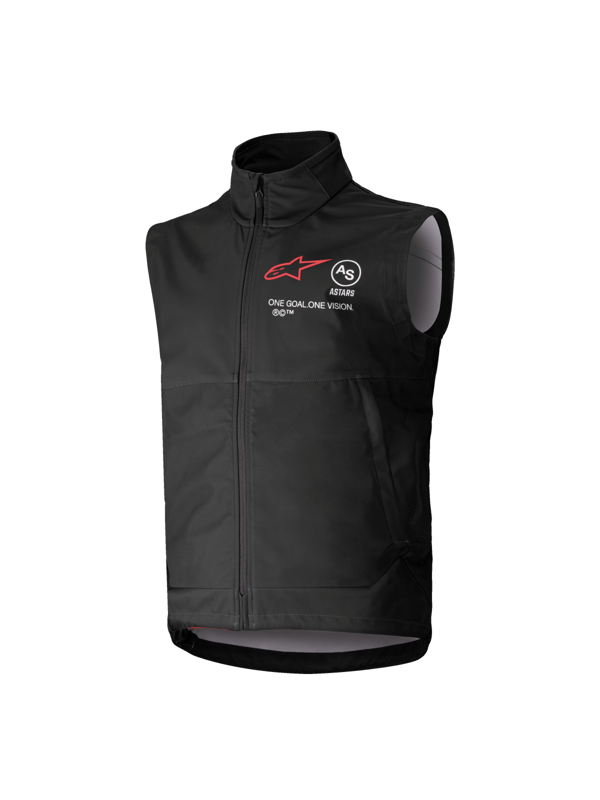 Alpinestars Gilet Softshell Techstar Ragazzo, nero, gilet da motocross senza maniche con logo a stella rossa, collo alto, zip frontale, branding 'ONE GOAL. ONE VISION.', fodera interna grigio chiaro, abbigliamento da motorsport per ragazzi
