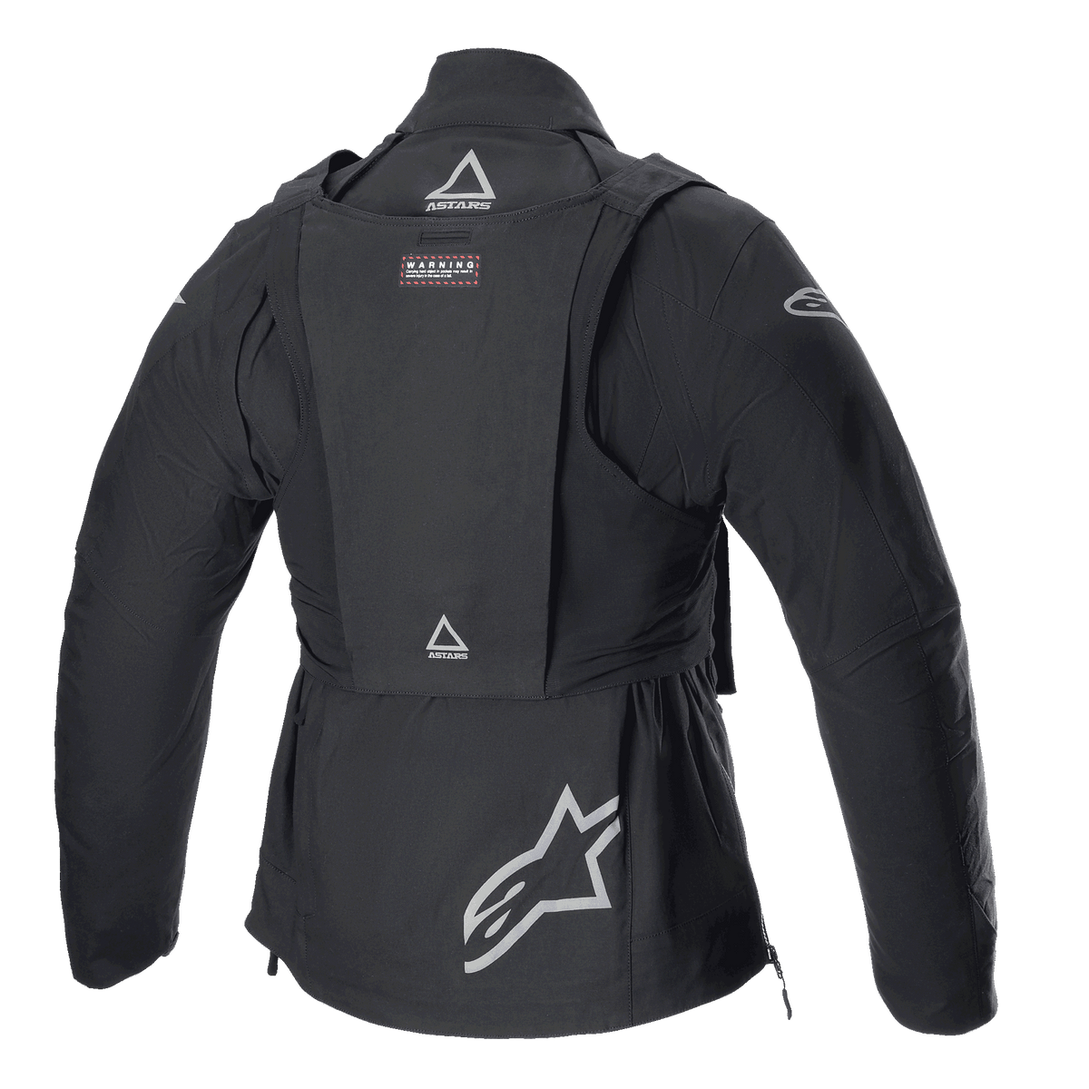 Giacca Alpinestars Techdura con Tactical Pack, giacca da moto off-road, Black Reflex, vista posteriore con gilet tattico staccabile e loghi ASTARS, grande logo a stella sulla parte inferiore della schiena, costruzione modulare robusta per l'enduro