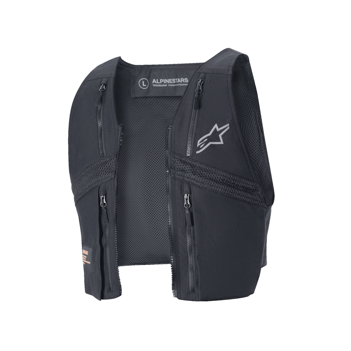 Alpinestars Techdura Tactical Vest, nero, gilet da enduro staccabile per la giacca Techdura, con quattro tasche sul petto con zip, pannelli in mesh per la ventilazione e logo Alpinestars grigio