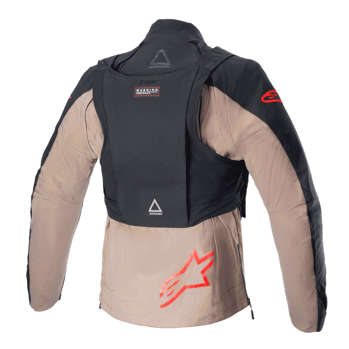 Giacca Alpinestars Techdura, Black Falcon Brown, vista posteriore con zaino tattico staccabile, loghi a stella Alpinestars rossi, robusta costruzione in tessuto per guida enduro e off-road