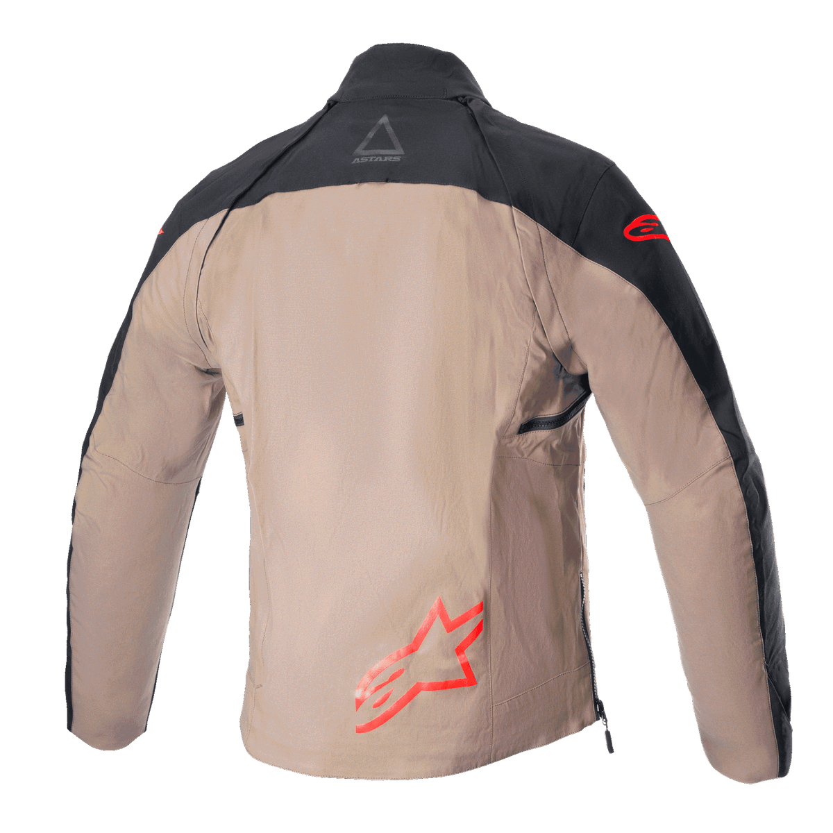 Alpinestars Techdura Jacket, giacca da enduro off-road, nero e marrone Falcon, vista posteriore senza gilet tattico, con loghi Astars rossi e costruzione in tela di poliammide resistente