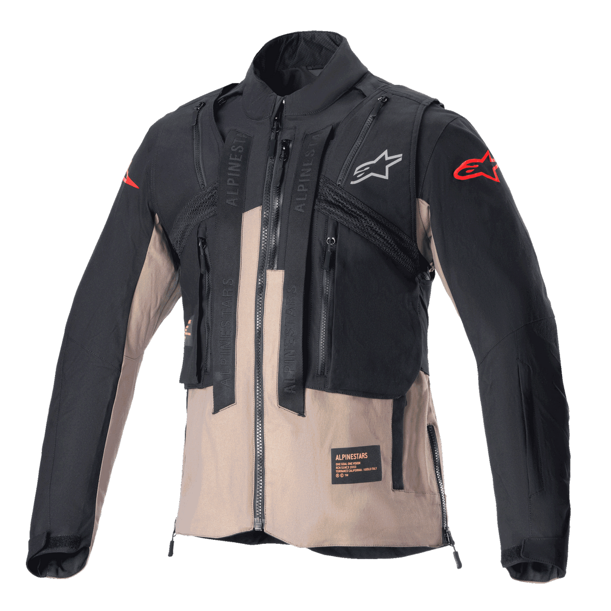 Giacca Alpinestars Techdura, giacca da enduro fuoristrada, nero e marrone Falcon, caratterizzata da un design modulare con gilet tattico integrato, tasche multiple, struttura in tessuto resistente e loghi Alpinestars sul petto e sulle maniche.