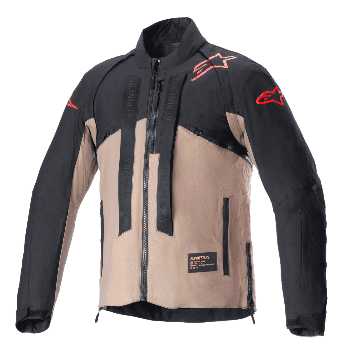 Giacca Alpinestars Techdura, giacca da moto fuoristrada, nero e marrone Falcon Brown, design bicolore con loghi a stella rossi su spalle e maniche, cinghie verticali con marchio Alpinestars sul petto, materiale tessile resistente