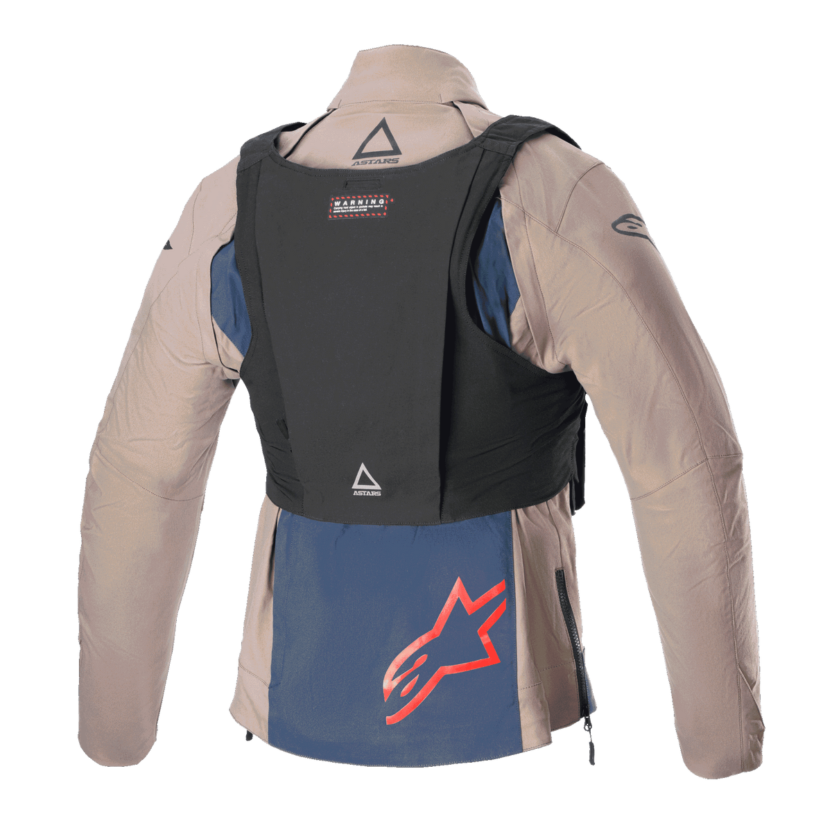Giacca Alpinestars Techdura, Falcon Brown e Night Navy, vista posteriore con gilet tattico nero, con logo Alpinestars rosso sul pannello inferiore blu navy, robusta costruzione in tessuto per guida enduro e off-road
