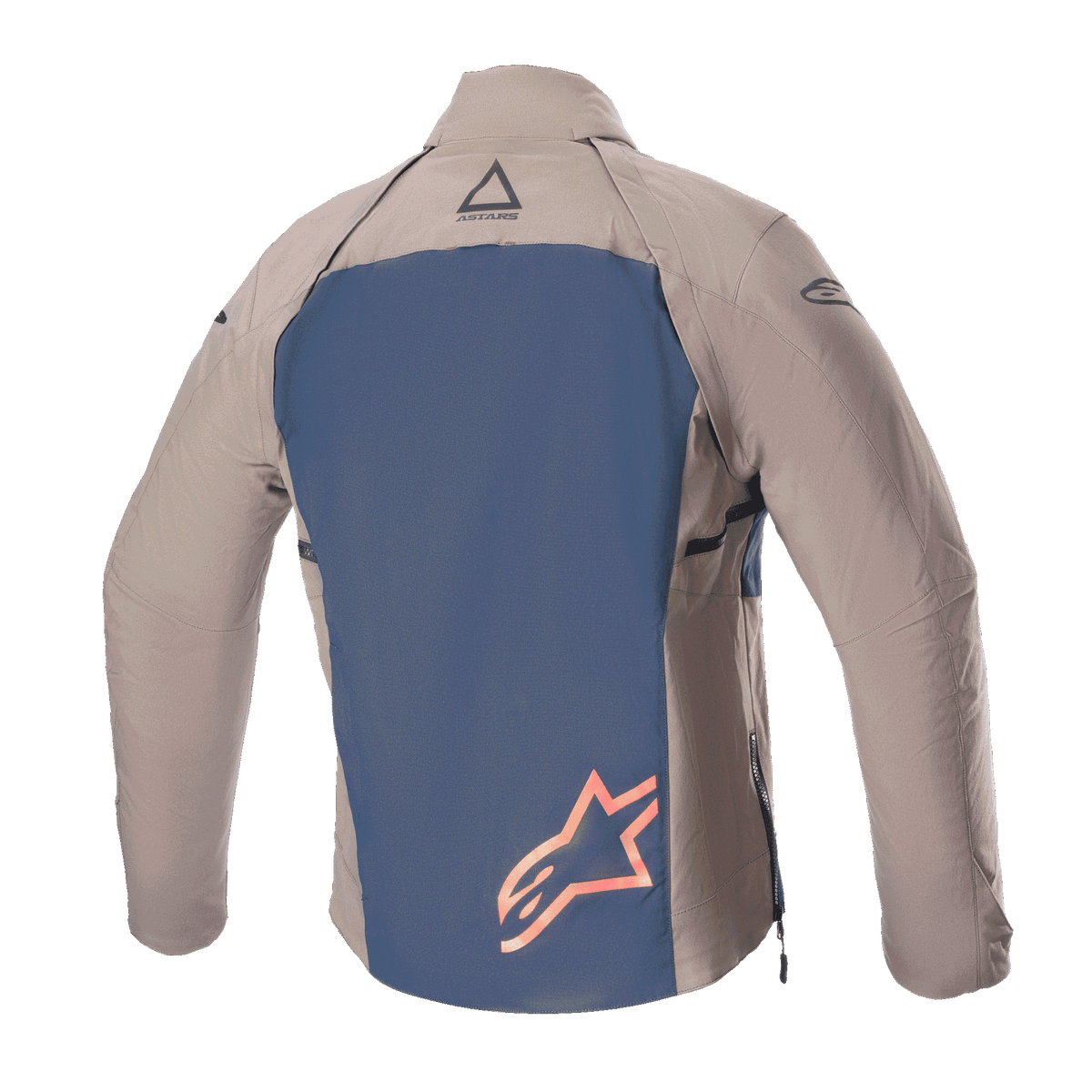 Alpinestars Giacca Techdura, vista posteriore, Falcon Brown e Night Navy, con pannello posteriore blu navy e grande logo a stella arancione, maniche e spalle in tessuto marrone, costruzione in robusta poliammide elasticizzata per enduro e off-road