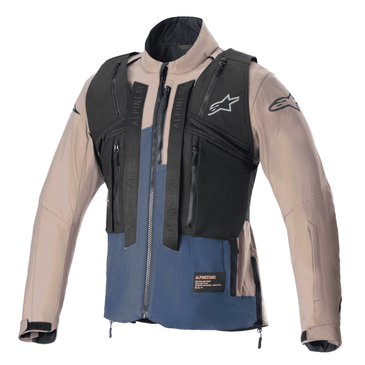 Giacca Alpinestars Techdura, marrone Falcon Brown e blu Night Navy, con gilet tattico rimovibile nero con tasche multiple con cerniera, robusta costruzione in poliammide elasticizzata, logo a stella sul petto e sulle maniche, progettata per l'enduro e il fuoristrada.
