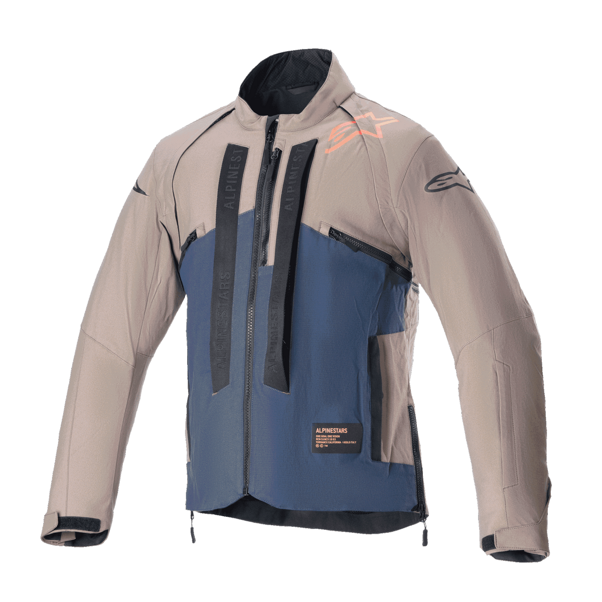 Giacca Alpinestars Techdura, giacca da moto off-road, Falcon Brown e Night Navy, vista frontale, costruzione bicolore con branding Alpinestars nero verticale, logo arancione sulla spalla, colletto alto e zip frontale, abbigliamento tecnico per guida enduro e adventure