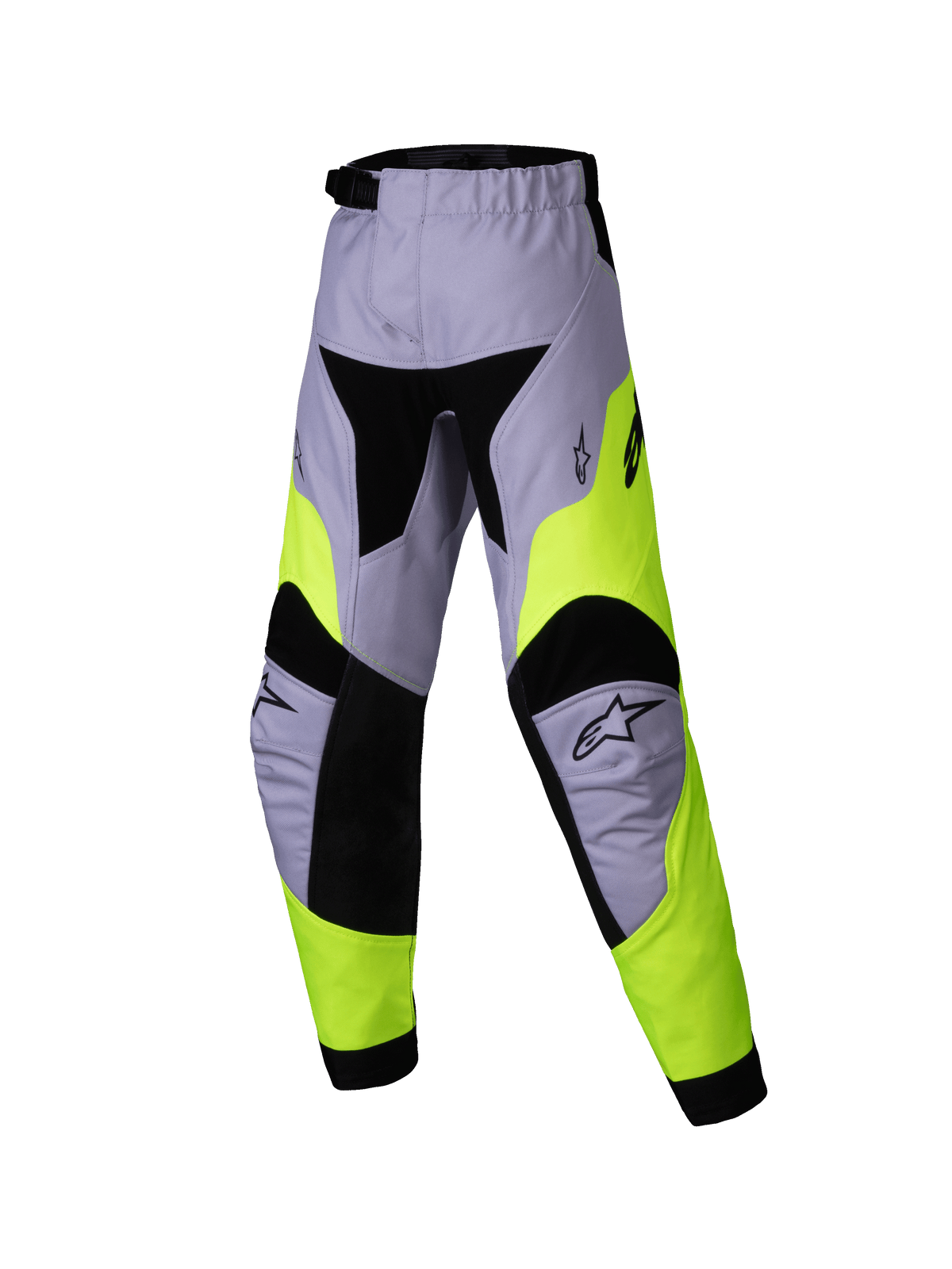 Alpinestars 2025 Kids Racer Veil Pants, pantaloni da motocross per ragazzi, grigio e giallo fluo, design tecnico multi-pannello con accenti neri, loghi a stella Alpinestars sulle ginocchia, tessuto resistente per corse fuoristrada