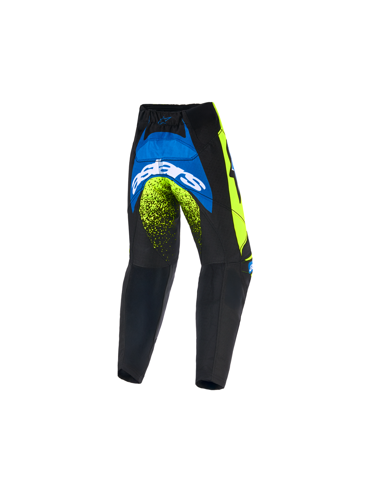 Alpinestars 2026 Kids Racer Nomur Pants, pantaloni motocross per ragazzi, blu scuro, giallo fluo e blu UCLA, vista posteriore con logo Astars bianco e accenti neon, design resistente per fuoristrada