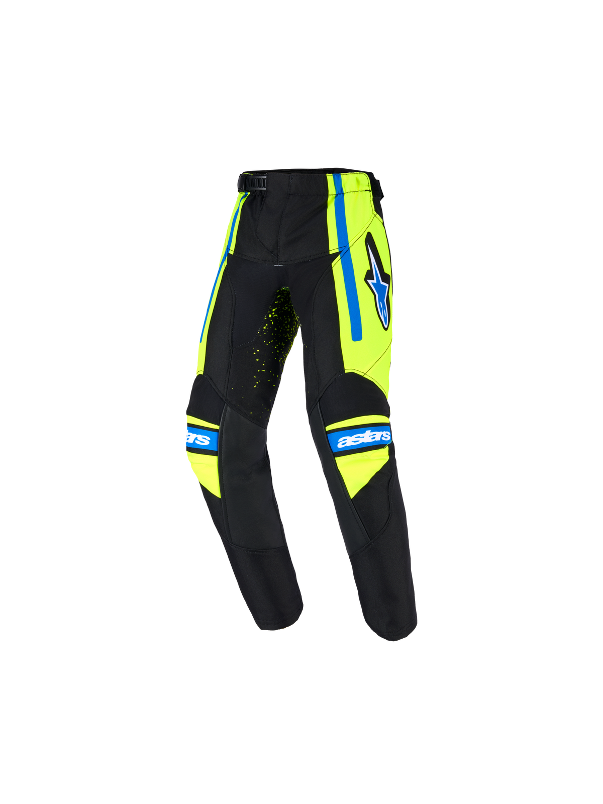 Pantaloni Alpinestars Racer Nomur Bambino 2026, pantaloni da motocross per ragazzi, blu scuro con accenti giallo fluo e blu UCLA, con logo a stella sulla coscia, marchio 'astars' sulle ginocchia e design ergonomico pre-curvato per gare off-road