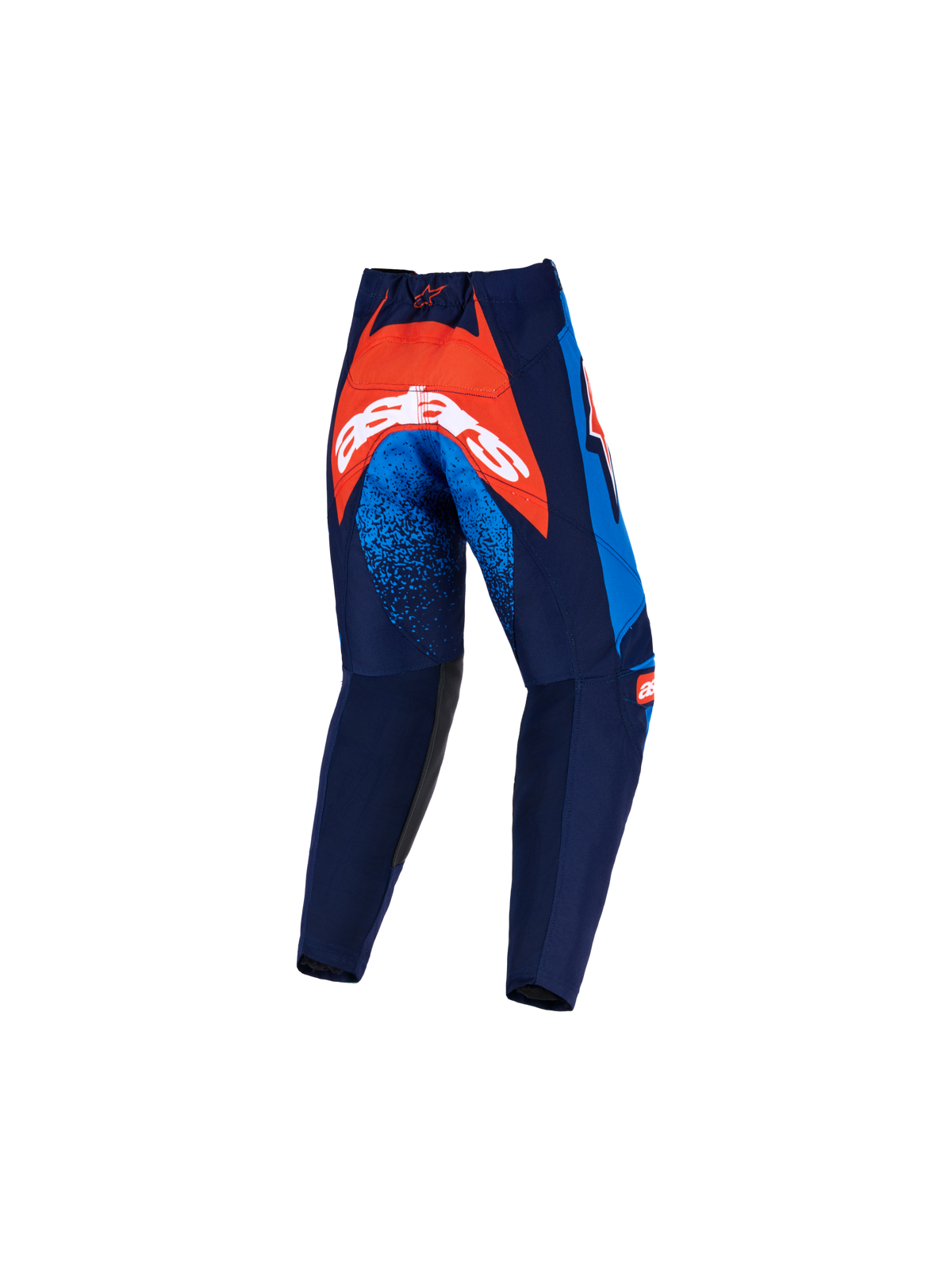 Alpinestars Pantaloni Racer Nomur Bambino 2026, pantaloni da motocross, blu navy scuro, arancione e blu UCLA, vista posteriore con un ampio pannello arancione sulla seduta e logo bianco, dettagli punteggiati blu sulle cosce e costruzione in tessuto resistente per la guida fuoristrada.