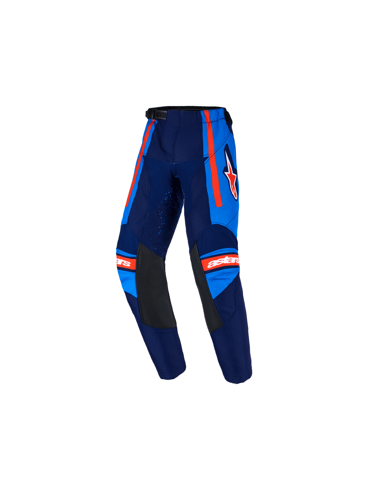 Alpinestars Pantaloni Kids Racer Nomur 2026, pantaloni da motocross per ragazzi, blu navy e blu UCLA con accenti arancioni, pannelli interni alle ginocchia in pelle nera, strisce laterali arancioni, logo Astars bianco e design pre-curvato per gare fuoristrada