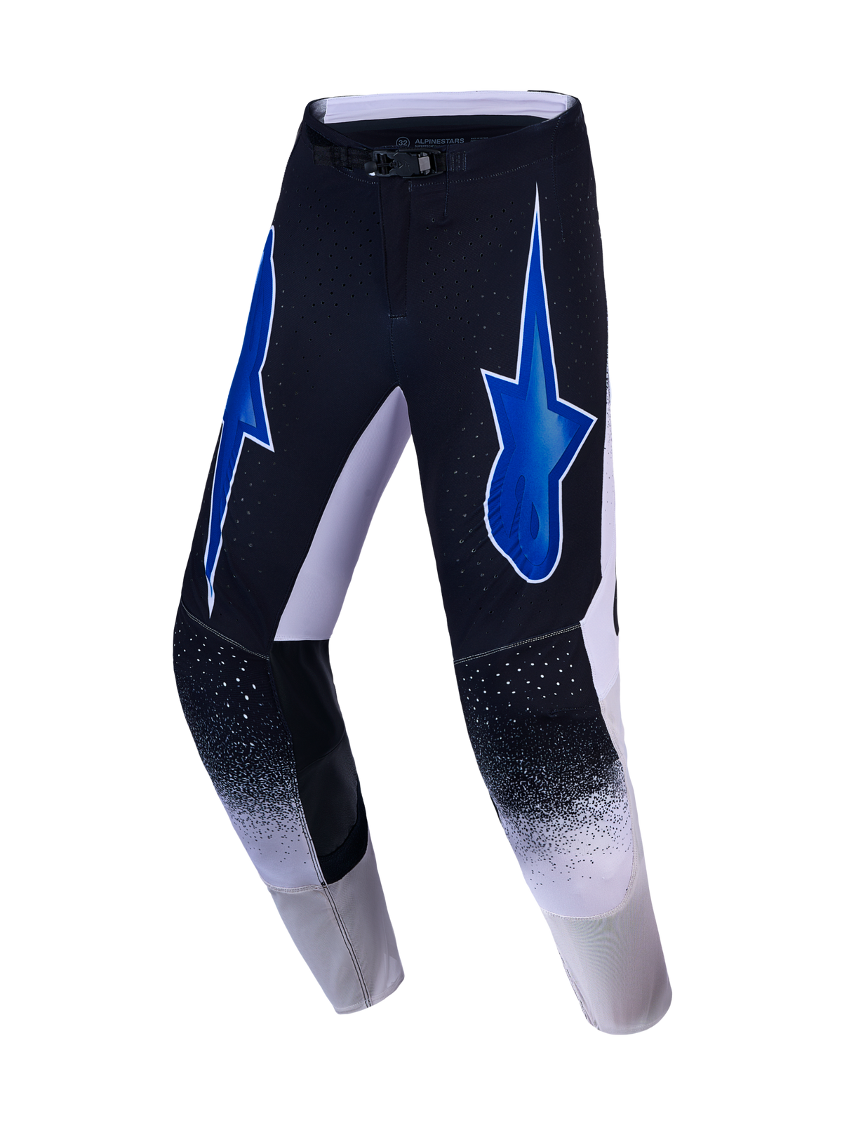 Alpinestars pantaloni Supertech Hiten AFD, pantaloni da motocross neri e bianchi con grafiche a stella blu e ventilazione.