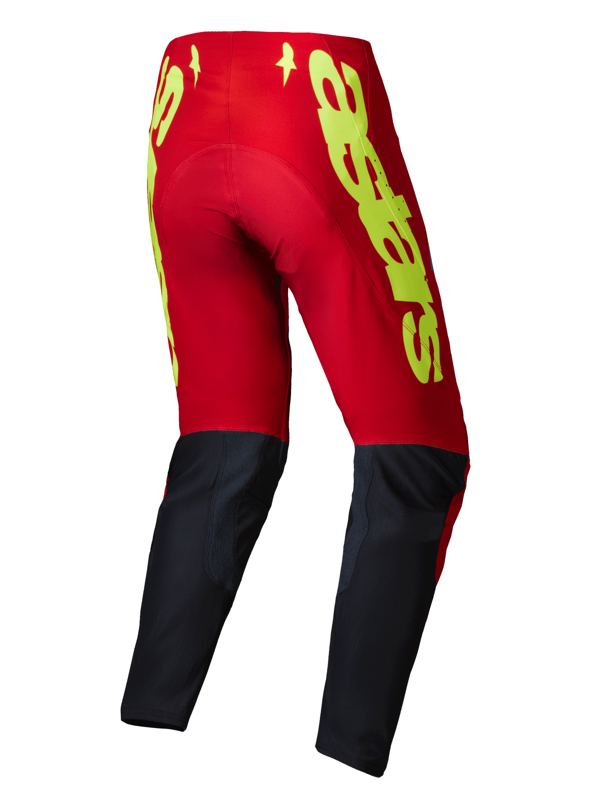 Alpinestars 2025 Supertech Maker Pants, pantaloni da motocross, rosso vivo e giallo fluo, vista posteriore con branding giallo sulla parte superiore rossa e pannelli neri sulla parte inferiore della gamba, progettati per prestazioni fuoristrada