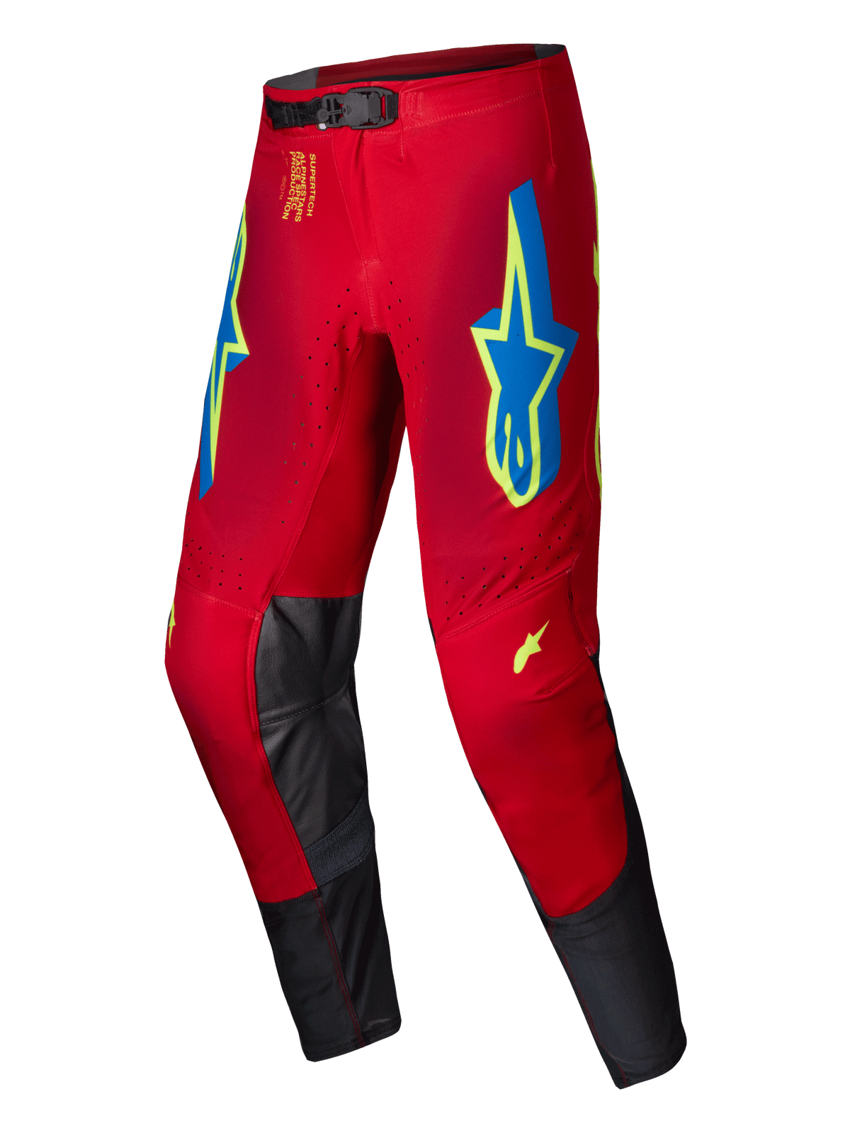 Alpinestars 2025 Supertech Maker Pants, pantaloni da motocross, rosso vivace con accenti giallo fluo e blu, grandi loghi a stella sulle cosce e pannelli interni alle ginocchia in pelle nera, chiusura magnetica in vita, abbigliamento professionale per fuoristrada