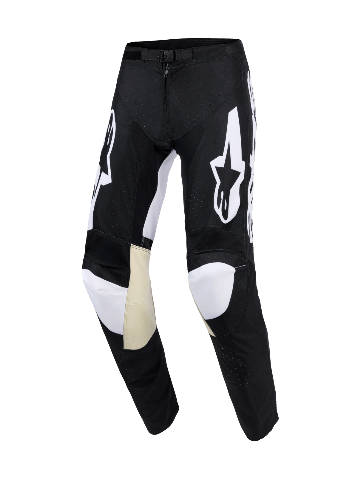 Alpinestars 2026 Racer Air Riway Pants, pantaloni da motocross, nero e bianco, con loghi Astars bianchi sulle cosce, pannelli interni al ginocchio in pelle color cuoio, perforazioni laser per la ventilazione e design atletico pre-curvato