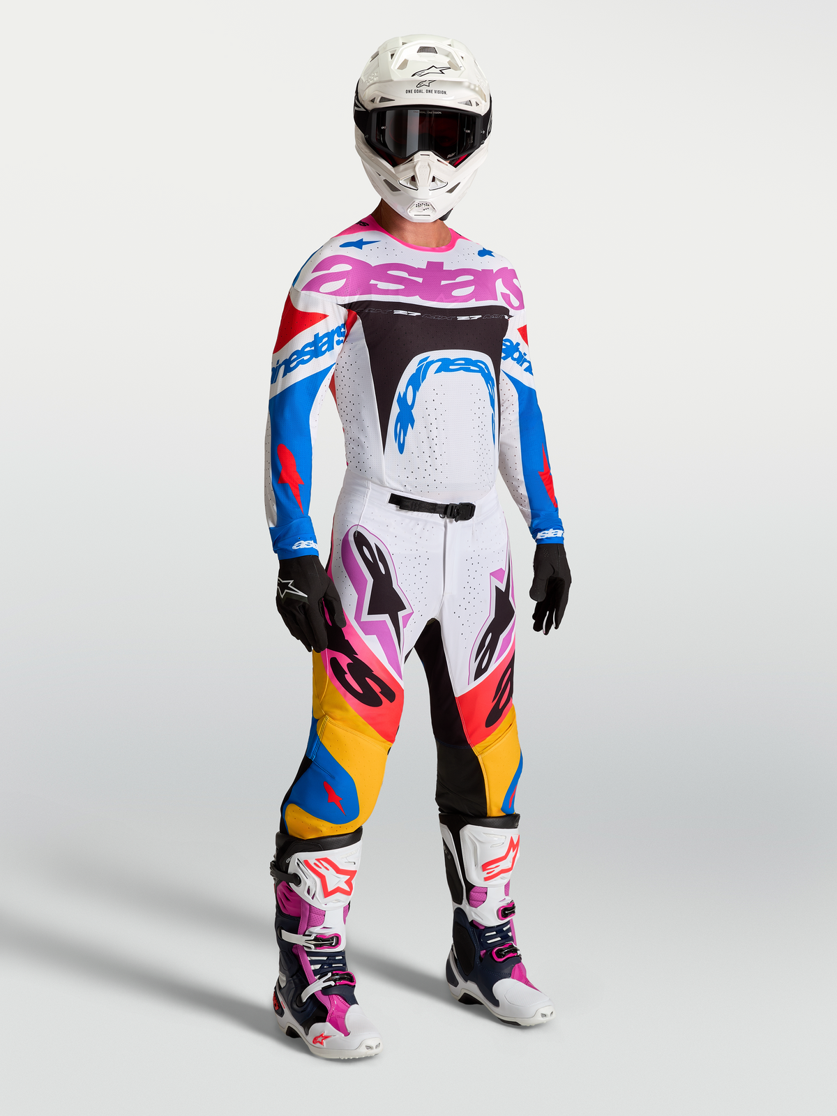 Alpinestars Pantaloni Supertech Dyna, pantaloni motocross da uomo bianchi e blu, in tessuto rip-stop elasticizzato.