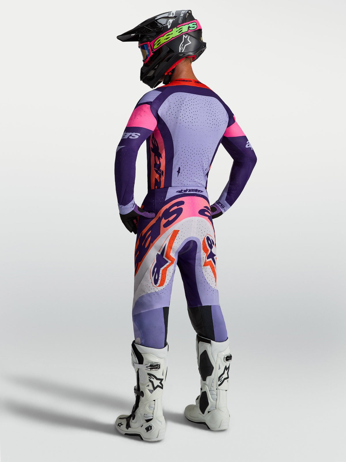 Alpinestars pantaloni Supertech Dyna e Gear Set, completo da motocross per uomo, viola e rosa fluo, vista posteriore.