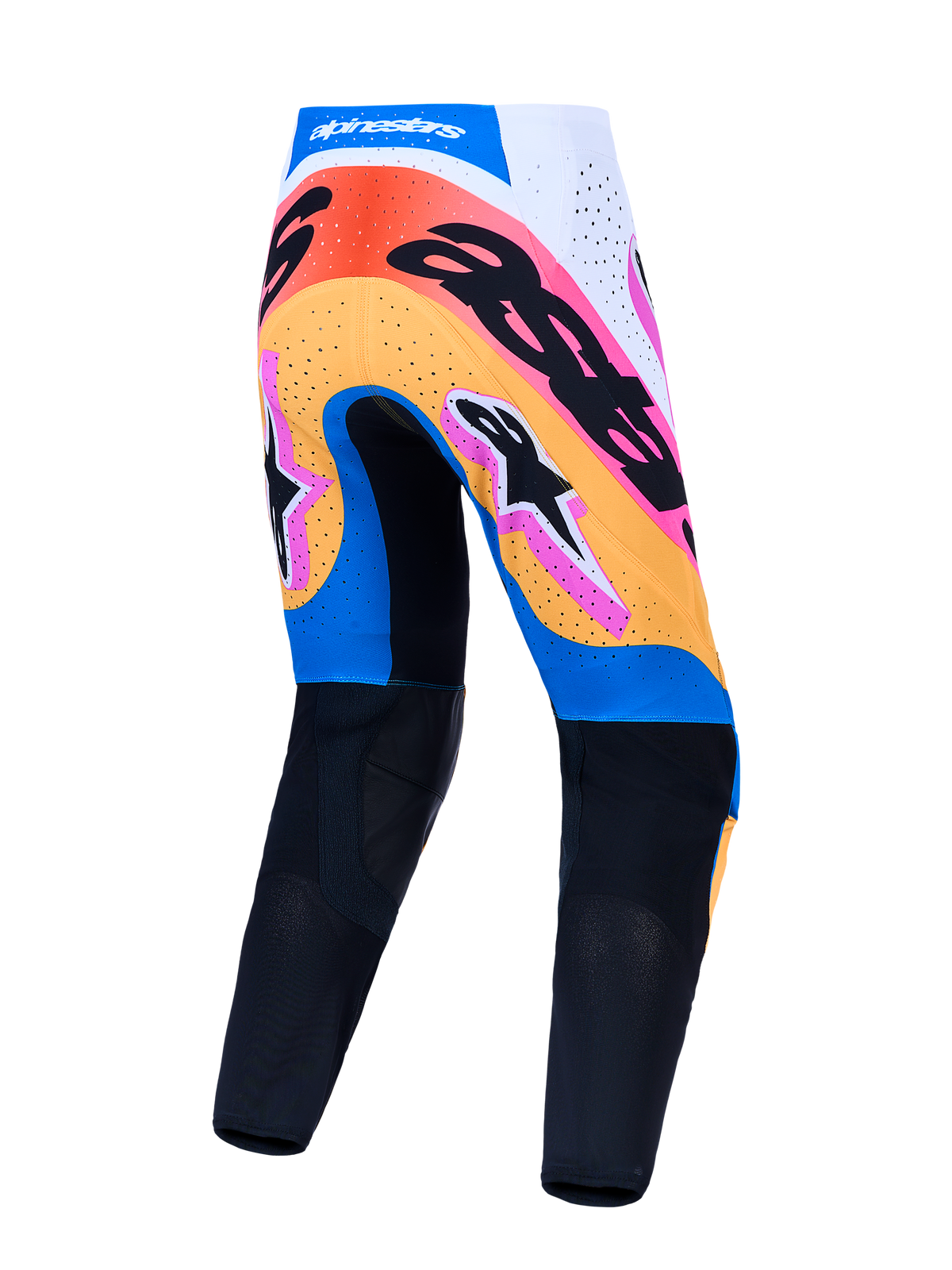 Alpinestars Supertech Dyna, pantaloni motocross uomo, blu e arancione, retro, pannelli perforati e vestibilità racing.