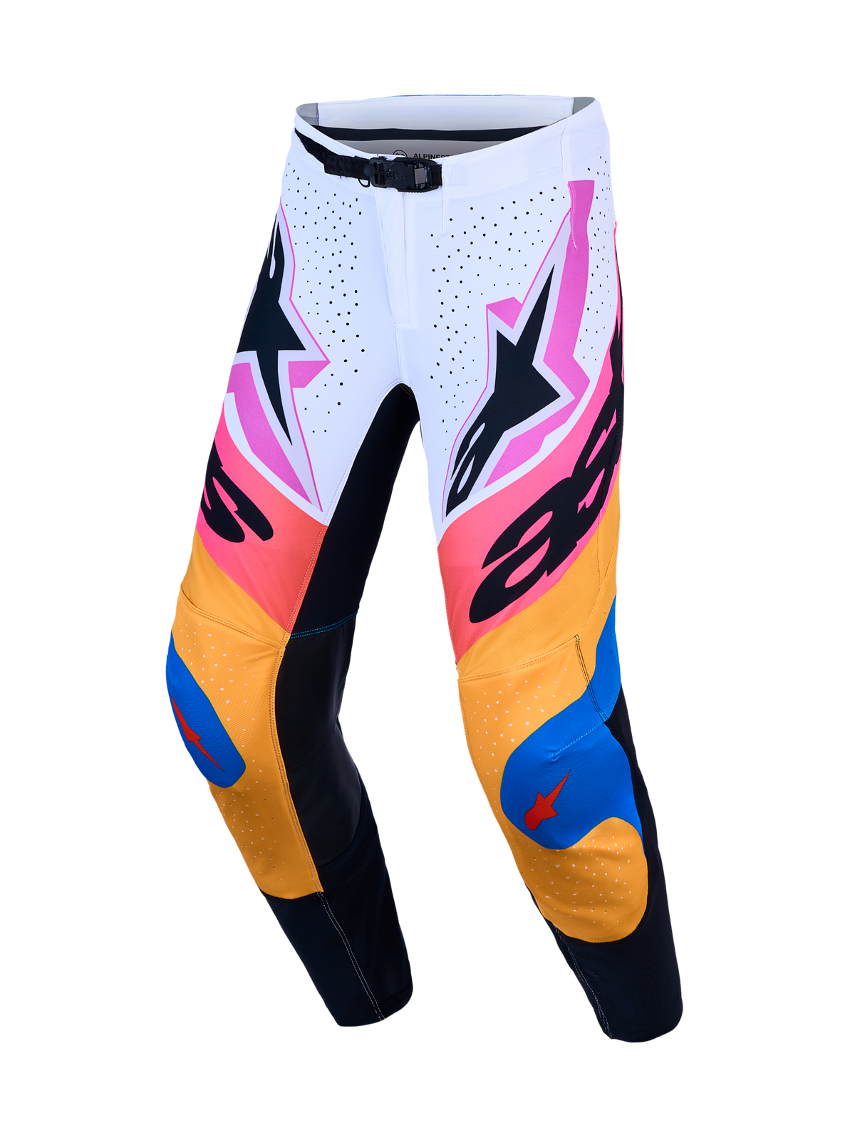 Alpinestars Pantaloni Supertech Dyna, pantaloni da motocross bianchi, blu e arancione, in tessuto rip-stop elasticizzato.