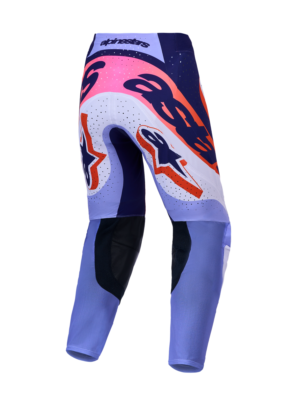 Alpinestars pantaloni Supertech Dyna, da motocross, vista posteriore, viola chiaro e viola scuro con dettagli rosa fluo