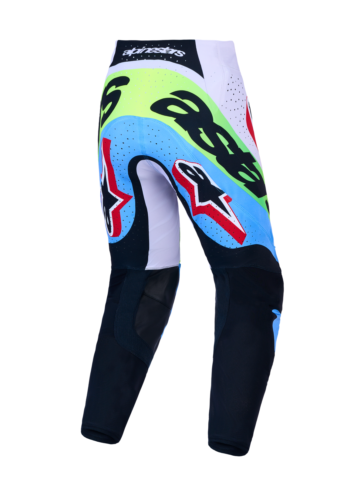 Alpinestars Pantaloni Supertech Dyna, pantaloni motocross da uomo, verde fluo e nero, vista posteriore con zone traspiranti.