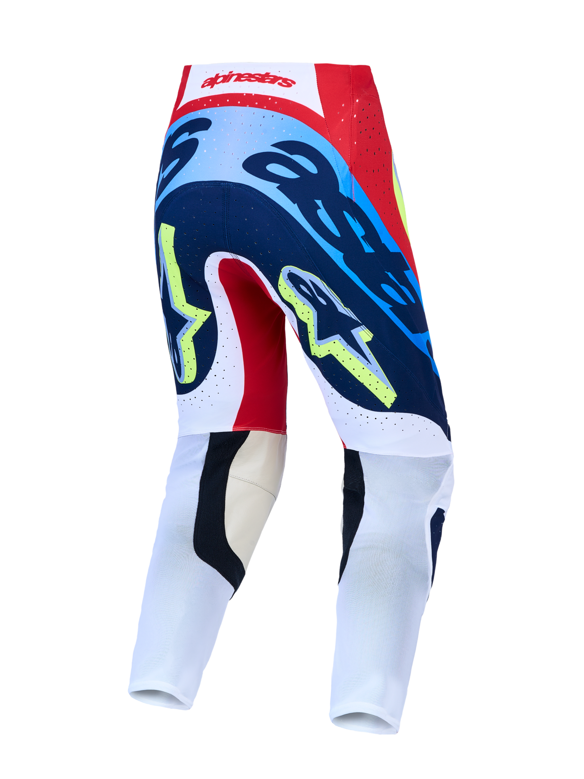Alpinestars pantaloni Supertech Dyna, vista posteriore in rosso e blu navy con vestibilità atletica da motocross.