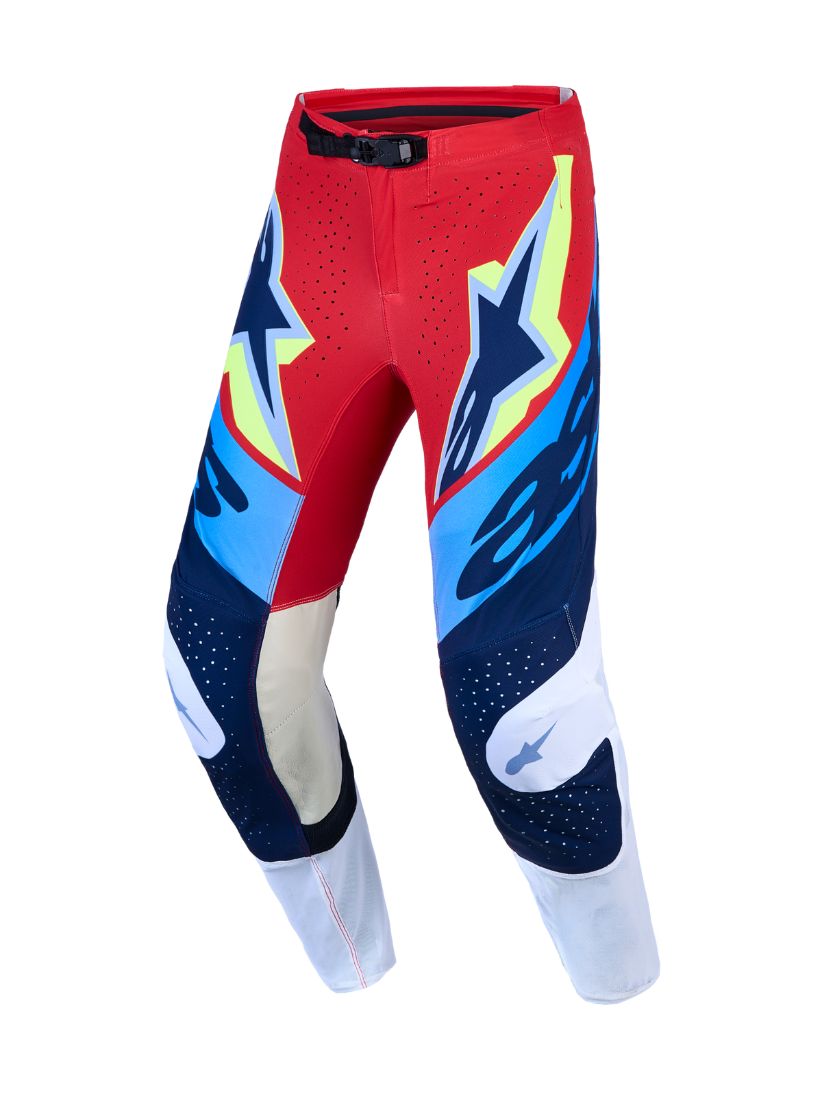 Alpinestars Pantaloni Supertech Dyna, pantaloni da motocross da uomo, rosso e blu navy, con pannelli in pelle di capra.