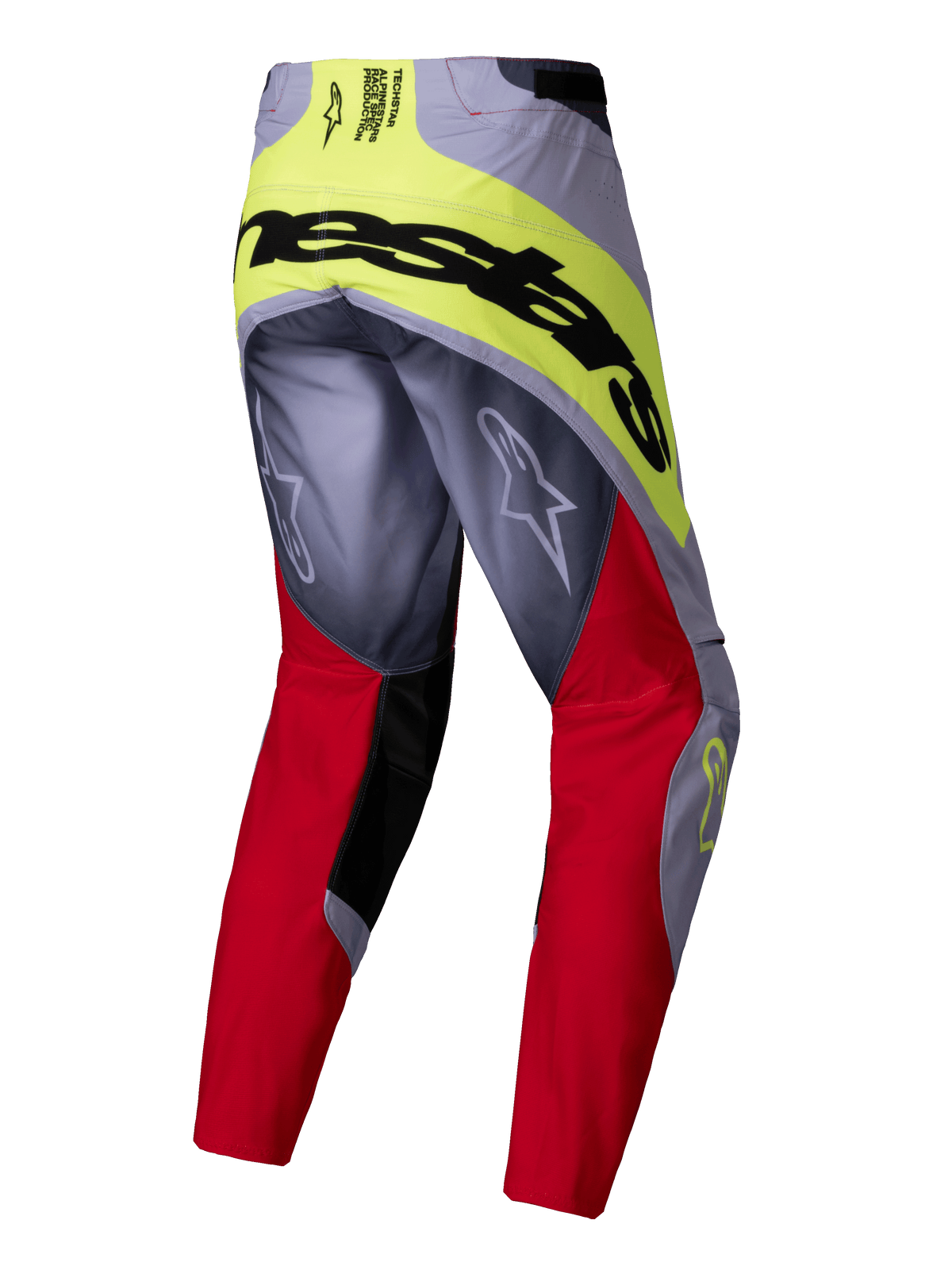 Alpinestars 2025 Techstar Melt Pants, pantaloni da motocross, rosso acceso e grigio con accenti giallo neon, vista posteriore con grande marchio Alpinestars nero sulla seduta, loghi Astars sulle gambe, design multi-materiale resistente per corse fuoristrada
