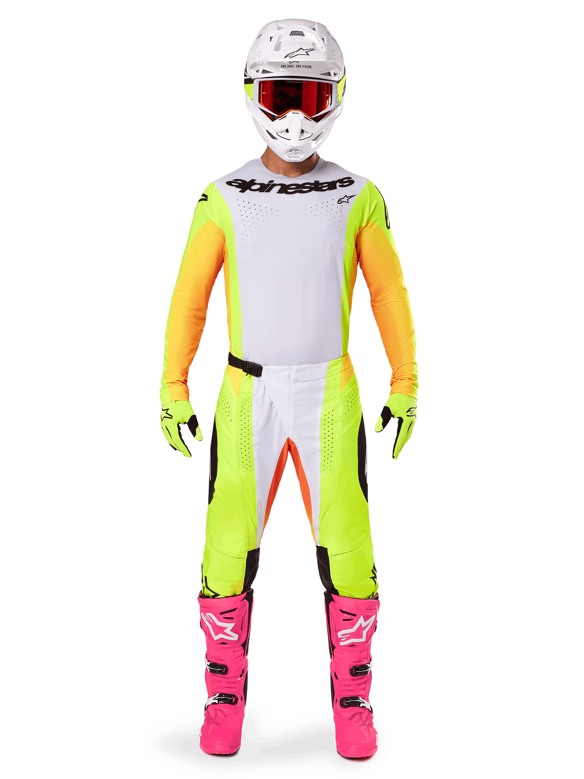 Pilota di motocross con il Set Gear Alpinestars Techstar Melt 2025, maglia bianca con maniche gialle e arancioni, pantaloni giallo neon con dettagli bianchi e arancioni, casco bianco con occhiali rossi, stivali rosa acceso e guanti giallo neon, completo da gara per competizioni fuoristrada
