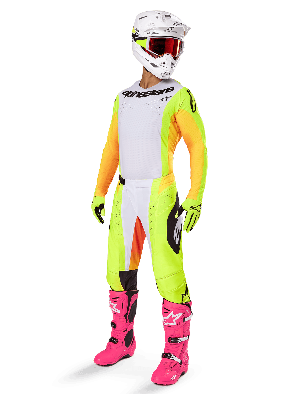 Set completo da motocross Alpinestars 2025 Techstar Melt, maglia bianca con maniche gialle e arancioni, pantaloni giallo neon, stivali rosa brillante, casco bianco con occhiali rossi, guanti gialli, abbigliamento da gara vivace e colorato
