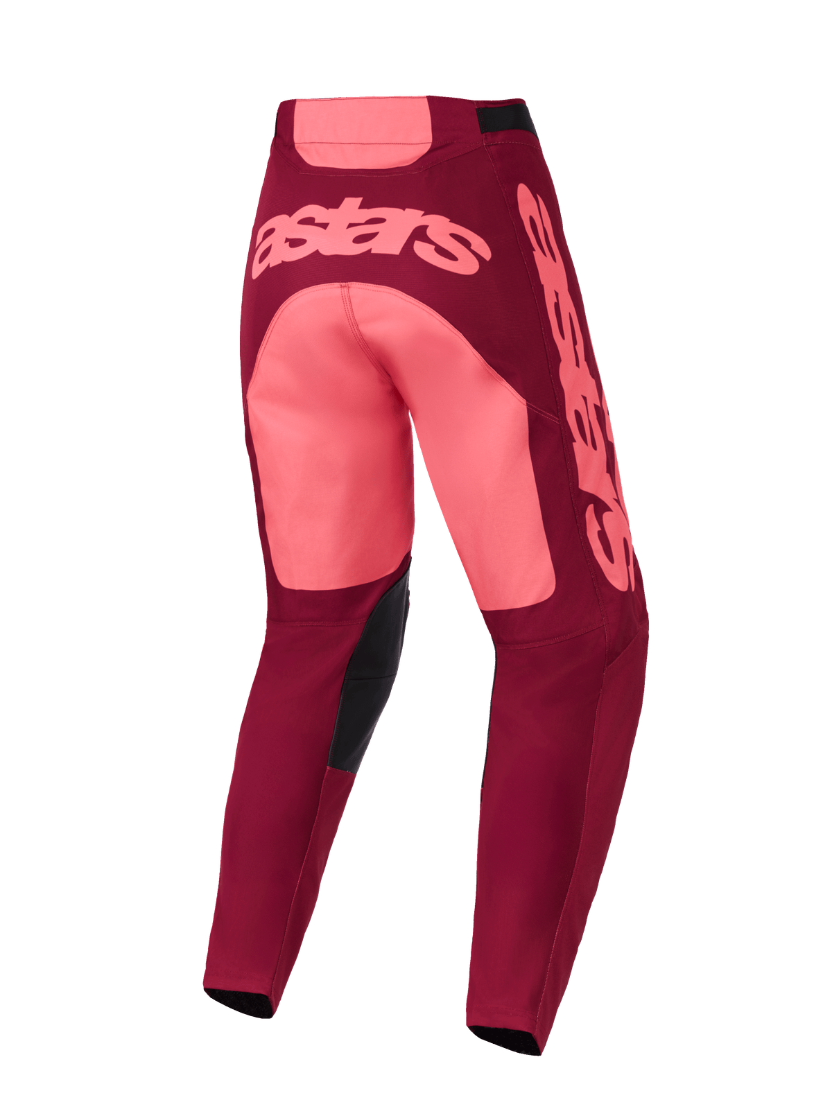 Alpinestars 2026 Racer Riway Pants, pantaloni da motocross, Dark Red Coral, vista posteriore con grande marchio Astars rosa su seduta e gamba, inserti neri all'interno delle ginocchia, design ergonomico per prestazioni fuoristrada