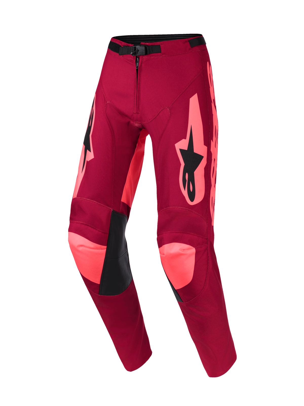 Alpinestars 2026 Racer Riway Pants, pantaloni da motocross, Dark Red Coral con vivaci accenti corallo su ginocchia e fianchi, logo Alpinestars nero sulle cosce, pannelli interni alle ginocchia in pelle nera e fibbia regolabile in vita, design resistente per il fuoristrada