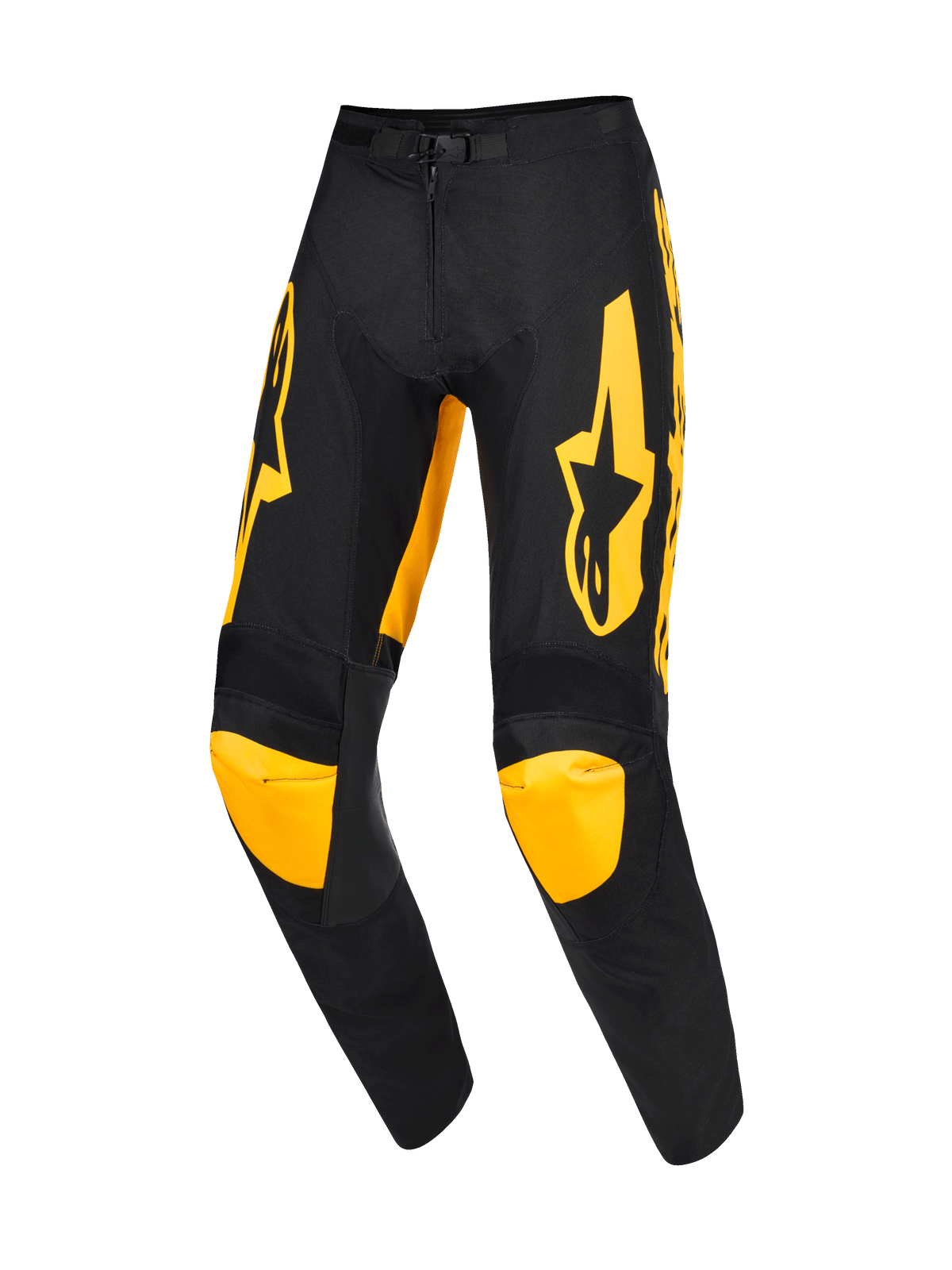 Alpinestars Pantaloni Racer Riway 2026, pantaloni da motocross, giallo e nero, con vistosi loghi gialli sulle cosce e pannelli gialli sulle ginocchia, design ergonomico pre-curvato, struttura in polyfabric resistente per gare off-road professionali